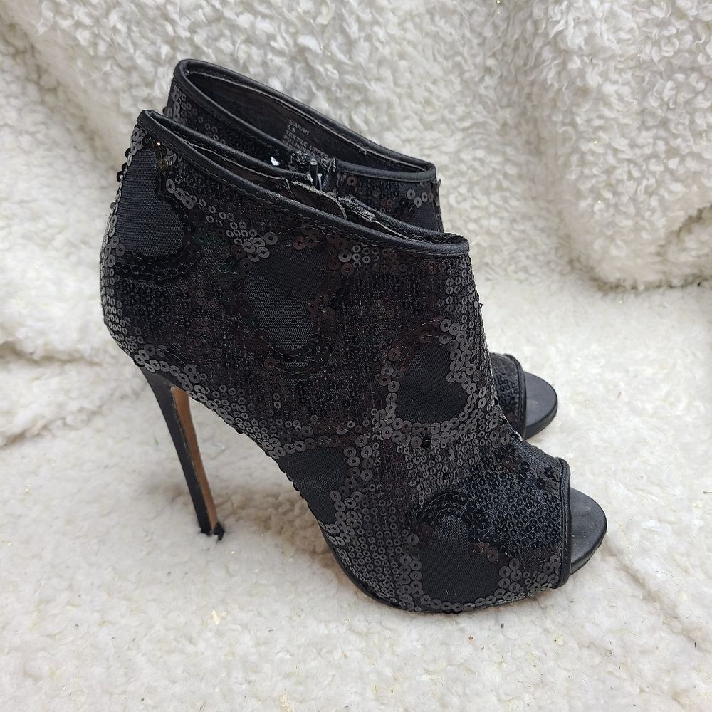 Betsey Johnson Marah Black Sequin Peep-toe Heeled‎ Ankle Booties